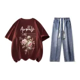 Set (Burgundy Short-Sleeved+Dark Blue Jeans)