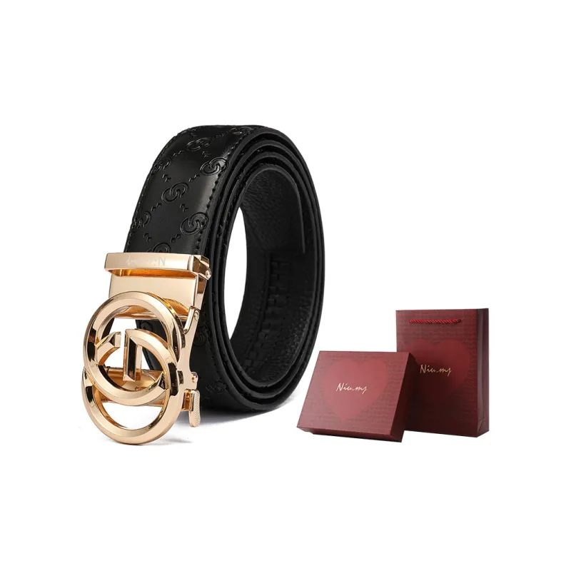 NIUMJ Men's Cow Leather Embossed Belt Casual Versatile For Young Men, Metal Automatic Buckle Leather Belts Men's-2