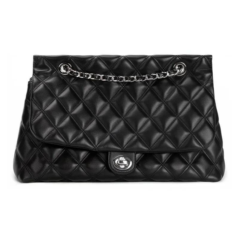 FERIA Natural Cow Leather Diamond Pattern Shopping Bag Shoulder Bag Medium Size Women's Black/Brown/Ecru-1