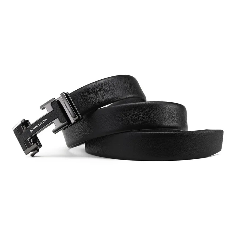PIERRE CARDIN High Quality Letter Design Automatic Buckle Top Grain Cow Leather Belts Men's Black 3.5cm-2
