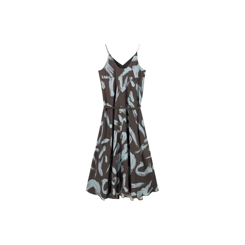 DIALOGUE Slip Dresses Women's Brushstroke Blue Coffee Print-1