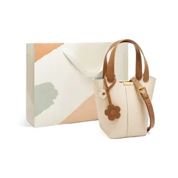 15 MINS Cow Leather Bucket Bag, Handbag, Commuter Bag, Handbag Mini Women's Ecru & Brown/Caramel Brown