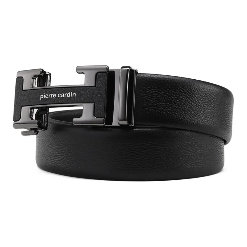 PIERRE CARDIN High Quality Letter Design Automatic Buckle Top Grain Cow Leather Belts Men's Black 3.5cm-1