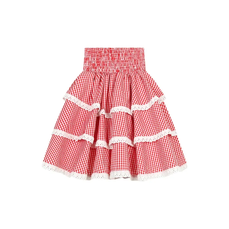 AooRaa Casual Short Skirts Women's Red Plaid-1
