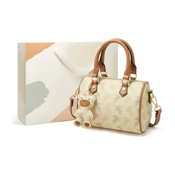 15 MINS PVC Mom Bag Pillow Bag Boston Bag Handbag Small Size Women's Warm Coffee/Beige Apricot