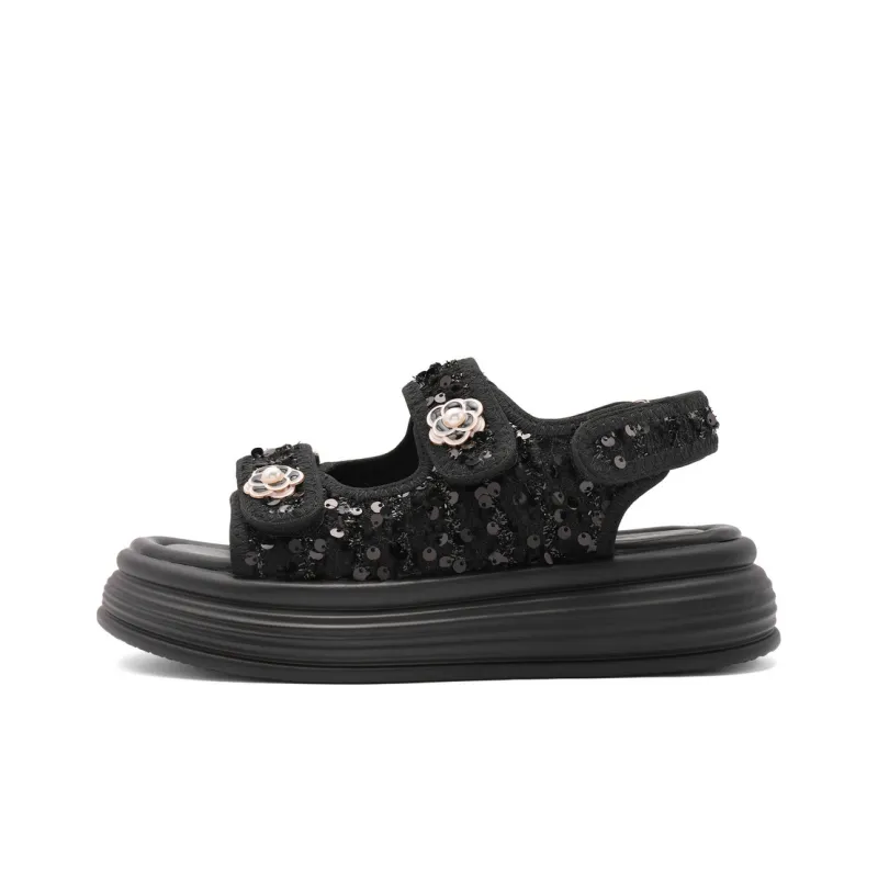 BELLE Strap Sandals 5cm Women's Beige Black-4