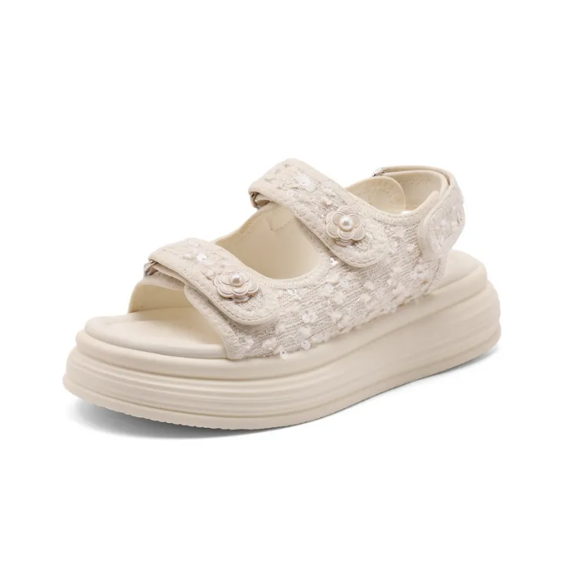 BELLE Strap Sandals 5cm Women's Beige Black-1