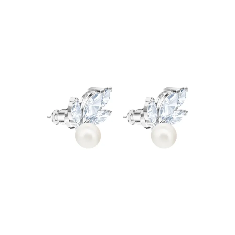 Swarovski Synthetic Cubic Zirconia, Rhodium Plated, Faux Crystal, Faux Pearl Stud Earrings Women's Silver-2