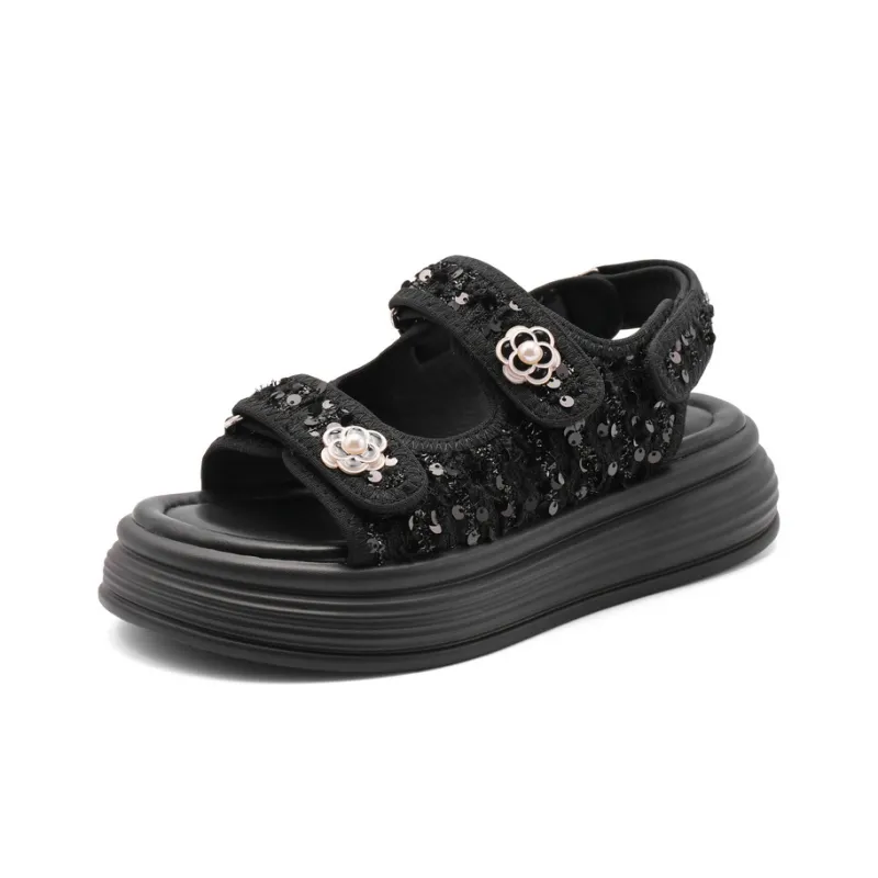 BELLE Strap Sandals 5cm Women's Beige Black-5