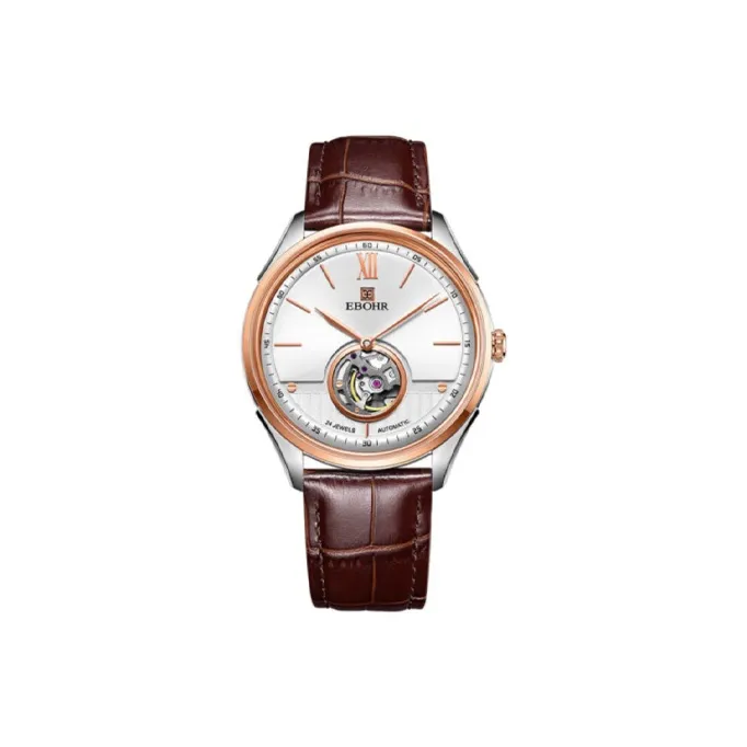 EBOHR Sky Wing Collection Automatic Mechanical Movement Genuine Leather Strap Watch Men's Watches Silver Dial-0