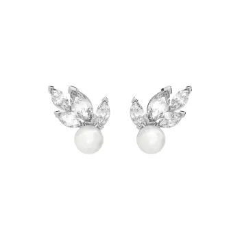 Swarovski Synthetic Cubic Zirconia, Rhodium Plated, Faux Crystal, Faux Pearl Stud Earrings Women's Silver