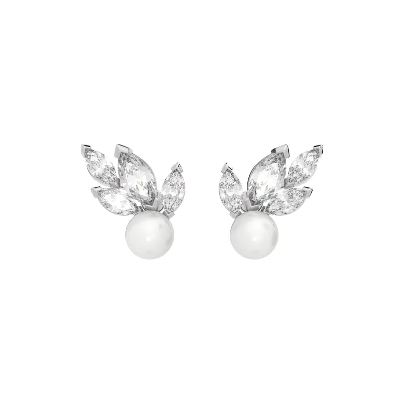 Swarovski Synthetic Cubic Zirconia, Rhodium Plated, Faux Crystal, Faux Pearl Stud Earrings Women's Silver-0