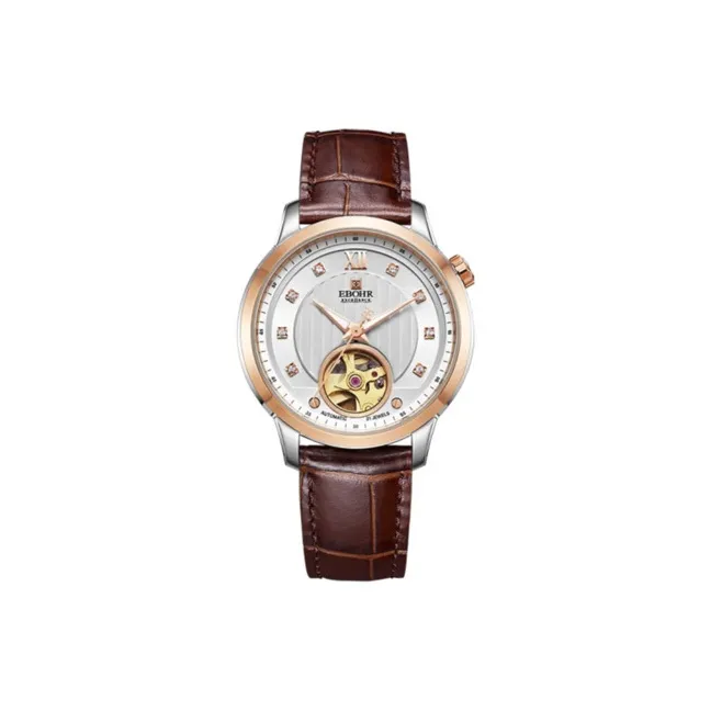 EBOHR Premium Collection Mechanical Movement Genuine Leather Strap Watch Women's Watch Silver Dial-0