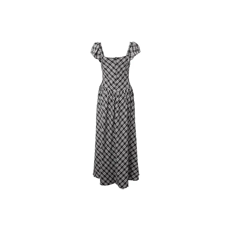 EIDM Short Sleeved Dresses Women's Gray Black Plaid-1