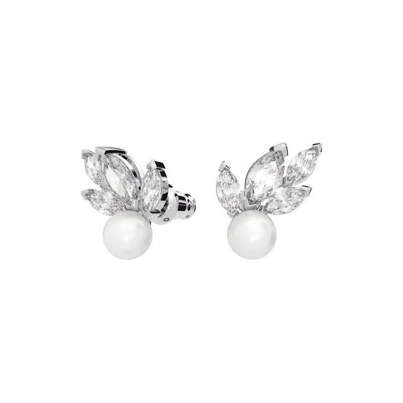 Swarovski Synthetic Cubic Zirconia, Rhodium Plated, Faux Crystal, Faux Pearl Stud Earrings Women's Silver-1
