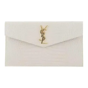 SAINT LAURENT UPTOWN Crocodile Pattern Shinny Leather Envelope Bag, Clutch Small Size Women's White