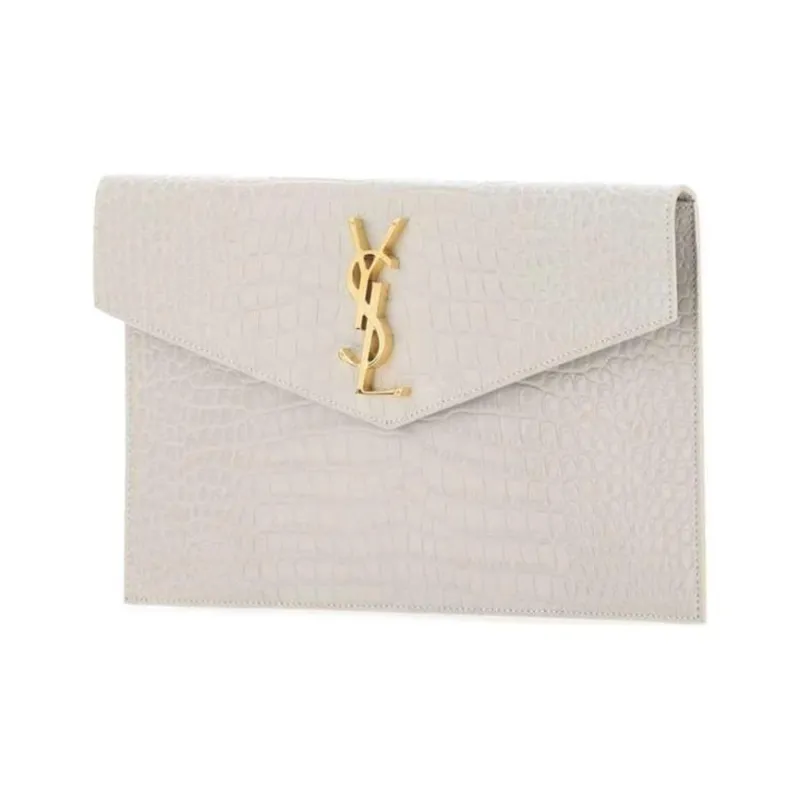 SAINT LAURENT UPTOWN Crocodile Pattern Shinny Leather Envelope Bag, Clutch Small Size Women's White-1