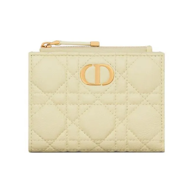 DIOR Caro Wicker Pattern Calfskin Wallet Women's Yellow-0