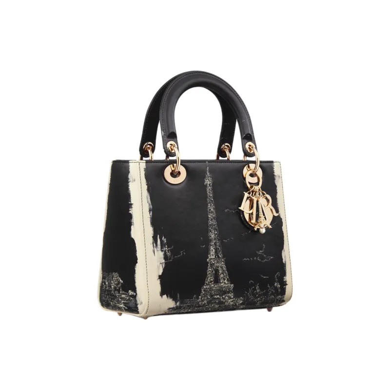 DIOR Rhinestone Embroidered Paris Print Calfskin Shoulder Bag Crossbody Bag Handbag Medium Size Women's Black & Beige-2