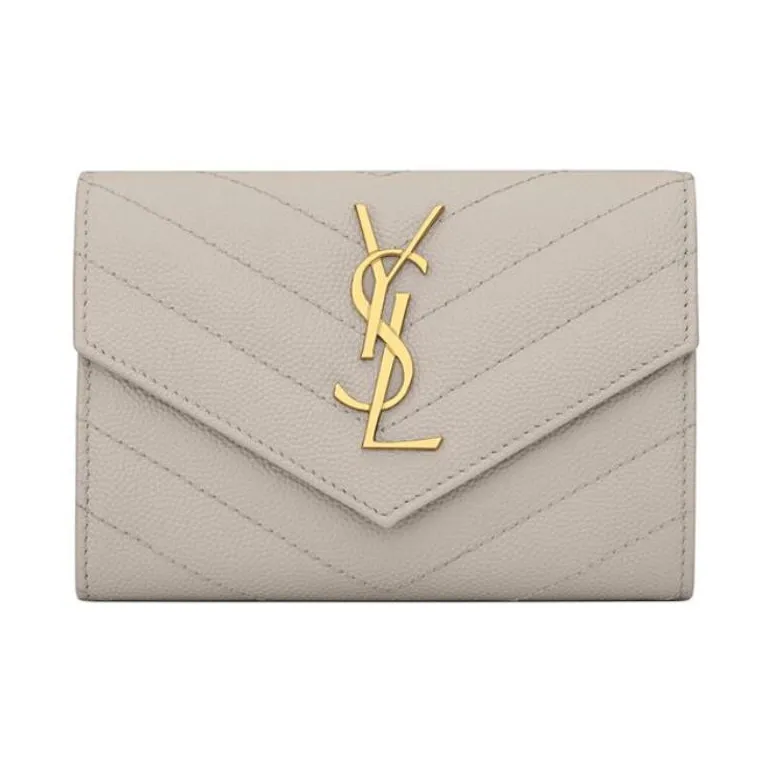 SAINT LAURENT Monogram Leather Envelope Bag Wallet Small Size Women's White-0