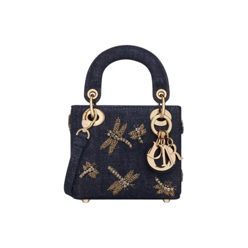DIOR Dragonfly Embroidered Denim Fabric Shoulder Bag Crossbody Bag Handbag Extra Mini Women's Blue-0