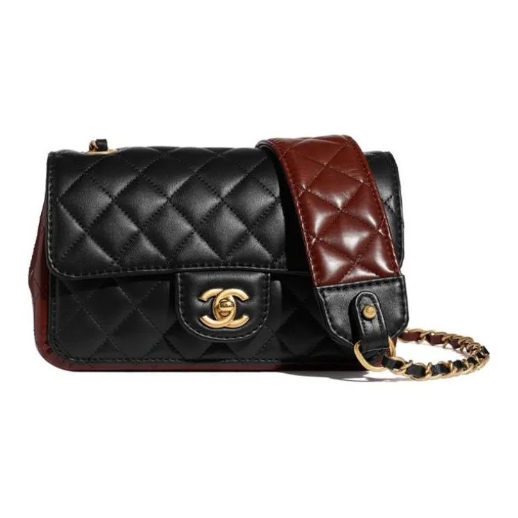 CHANEL Sheepskin Flap Bag, Crossbody Handbag Women's Black Red-2
