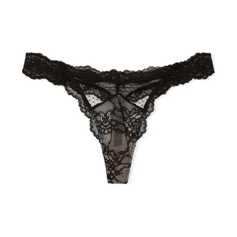 Victoria's Secret PINK DREAM ANGELS Lace & Mesh Thong Panty/Black & Pt Pk Underpants Women's 1 Pack Black-0