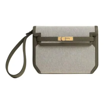 HERMES Kelly Depeches H-Canvas With Togo Calfskin Clutch Men's Light Beige Multicolor Green Multicolor Verona Green