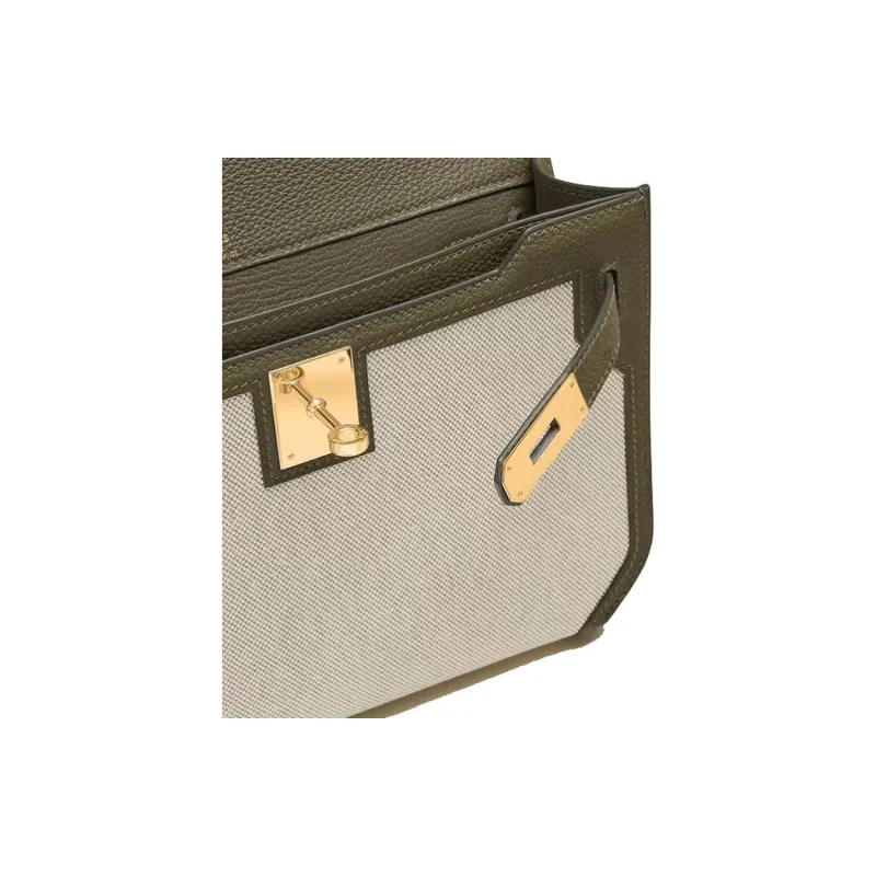 HERMES Kelly Depeches H-Canvas With Togo Calfskin Clutch Men's Light Beige Multicolor Green Multicolor Verona Green-3