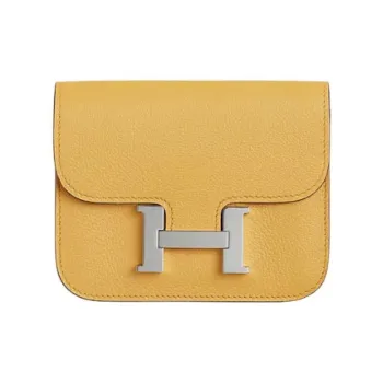 HERMES Constance Slim Evercolor Calfskin Wallet Card Holder Coin Purse Fanny Pack Women's Sun Yellow With Denim Blue