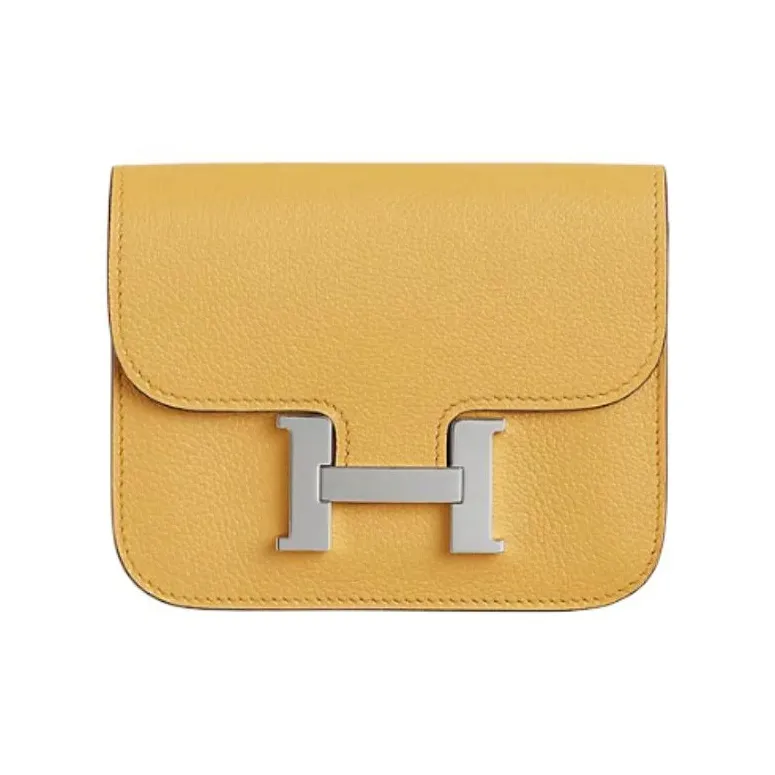 HERMES Constance Slim Evercolor Calfskin Wallet Card Holder Coin Purse Fanny Pack Women's Sun Yellow With Denim Blue-0