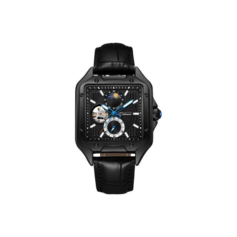 Dulunwe Automatic Mechanical Movement Genuine Leather Strap Watch Men's Watches Black Dial-6