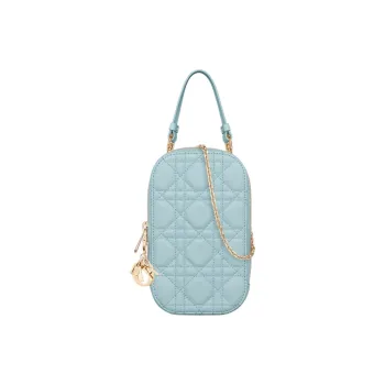 DIOR Lady Dior Lambskin Portable One Shoulder Crossbody Cell Phone Pouch Women's Sky Blue