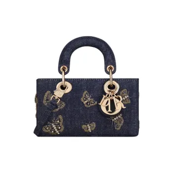 DIOR Butterfly Embroidered Denim Fabric Shoulder Bag Crossbody Bag Handbag Extra Mini Women's Blue