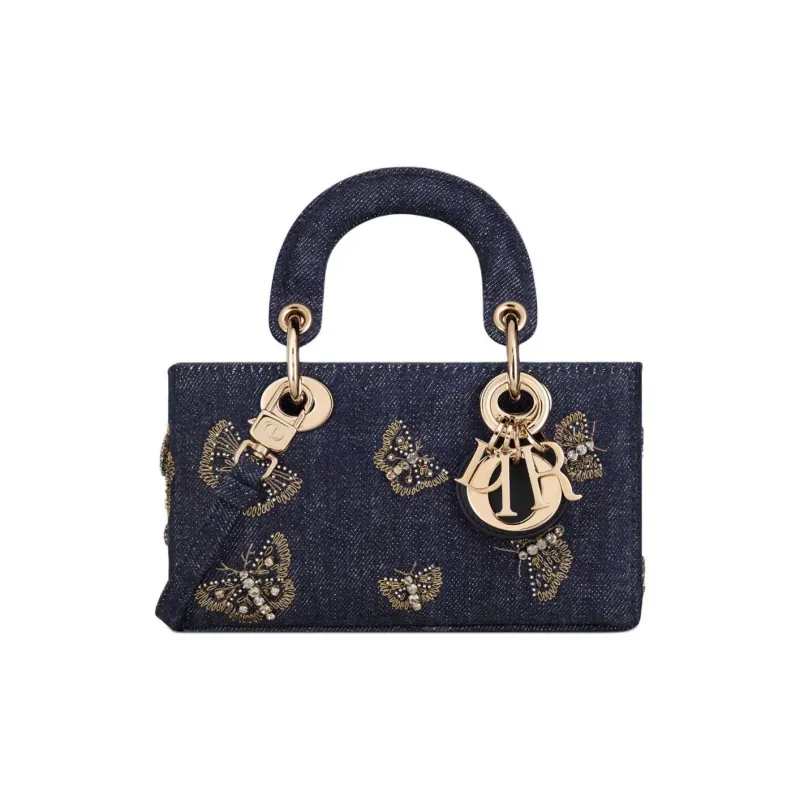 DIOR Butterfly Embroidered Denim Fabric Shoulder Bag Crossbody Bag Handbag Extra Mini Women's Blue-0