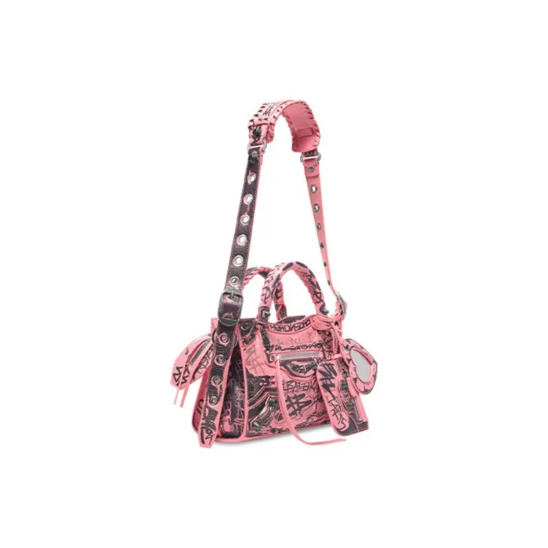 Balenciaga Neo Cagole Graffiti Print Fine Grained Sheepskin Shoulder Bag, Crossbody Bag, Handbag Mini Women's Pink-1