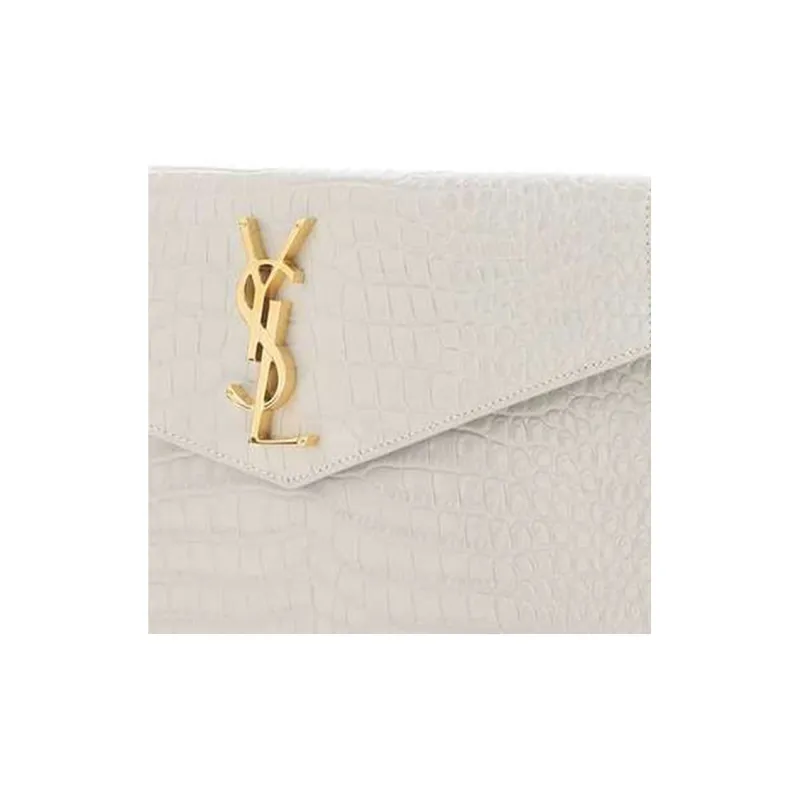 SAINT LAURENT UPTOWN Crocodile Pattern Shinny Leather Envelope Bag, Clutch Small Size Women's White-4