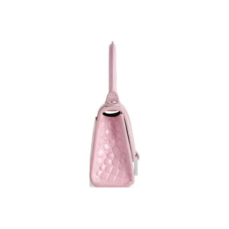 Balenciaga Hourglass Shiny Crocodile Pattern Embossed Cow Leather Handbag Women's Pink-2