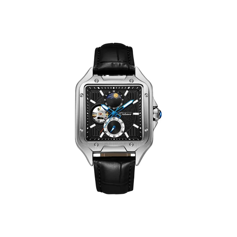 Dulunwe Automatic Mechanical Movement Genuine Leather Strap Watch Men's Watches Black Dial-4