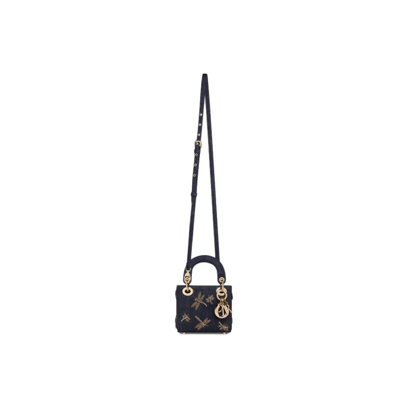 DIOR Dragonfly Embroidered Denim Fabric Shoulder Bag Crossbody Bag Handbag Extra Mini Women's Blue-1