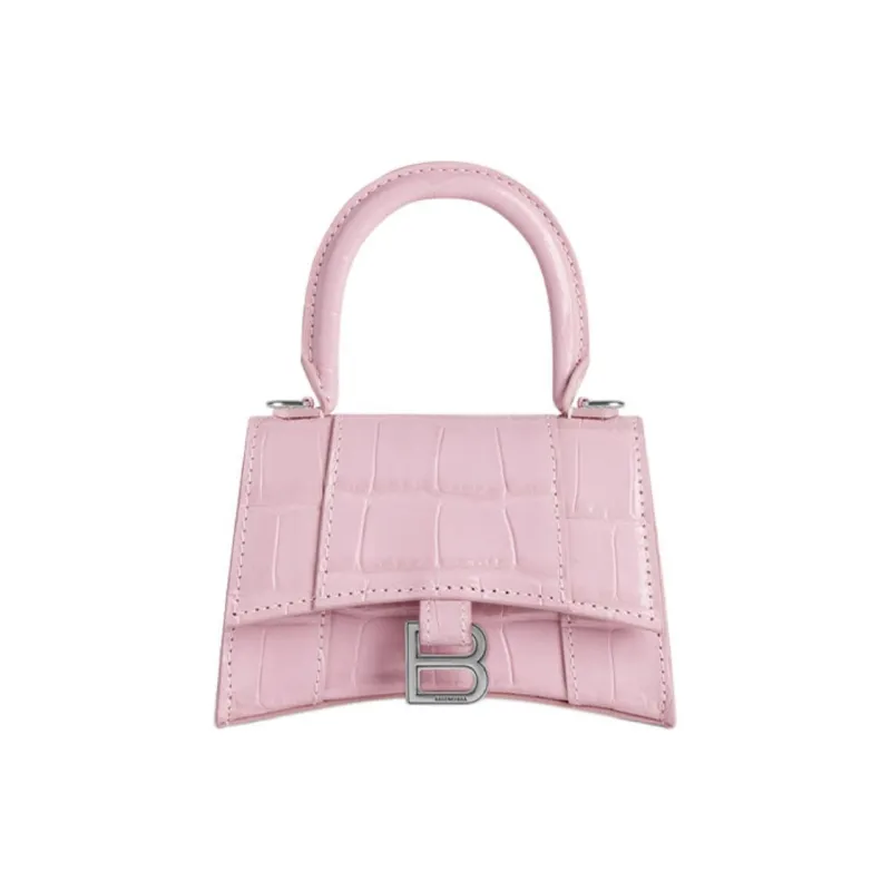 Balenciaga Hourglass Shiny Crocodile Pattern Embossed Cow Leather Handbag Women's Pink-0