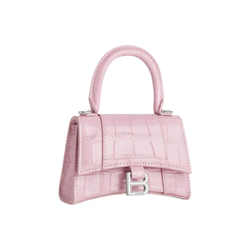 Balenciaga Hourglass Shiny Crocodile Pattern Embossed Cow Leather Handbag Women's Pink-1