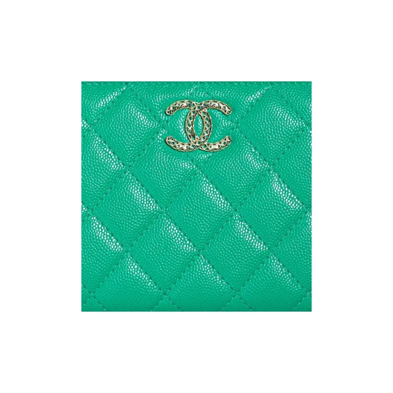 CHANEL Caviar Cow Leather Wallet Women's Green-1