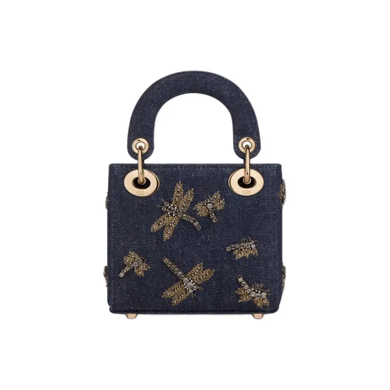 DIOR Dragonfly Embroidered Denim Fabric Shoulder Bag Crossbody Bag Handbag Extra Mini Women's Blue-4
