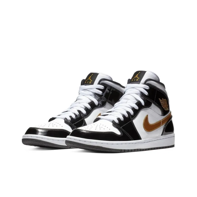 Jordan 1 Mid Patent Black White Gold-2
