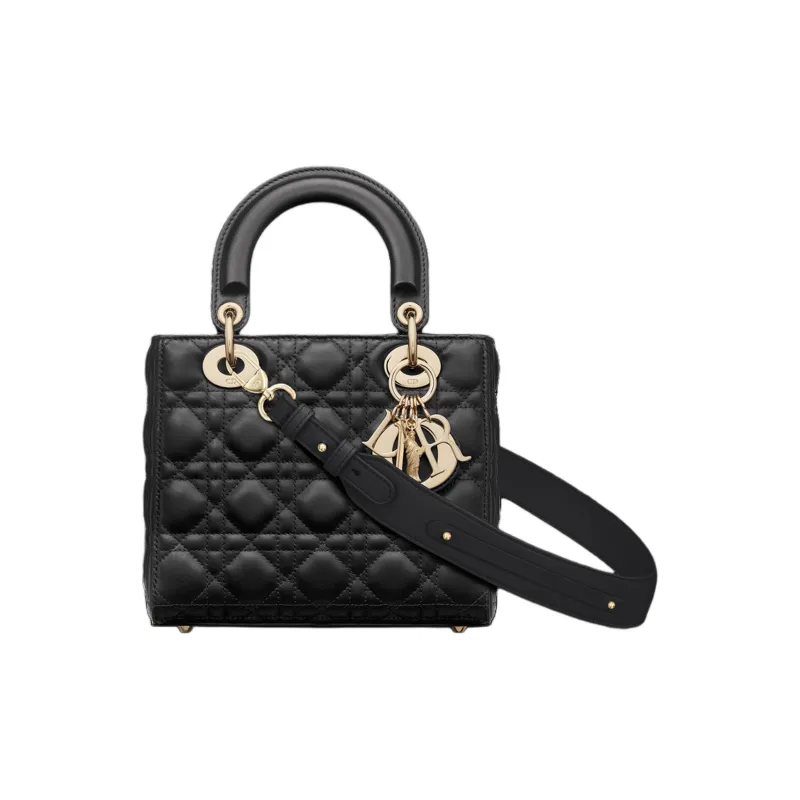 DIOR Lady Dior Wicker Lambskin Shoulder Bag Crossbody Bag Handbag Small Size Women's Black-0