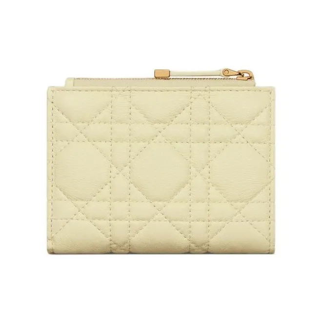 DIOR Caro Wicker Pattern Calfskin Wallet Women's Yellow-4