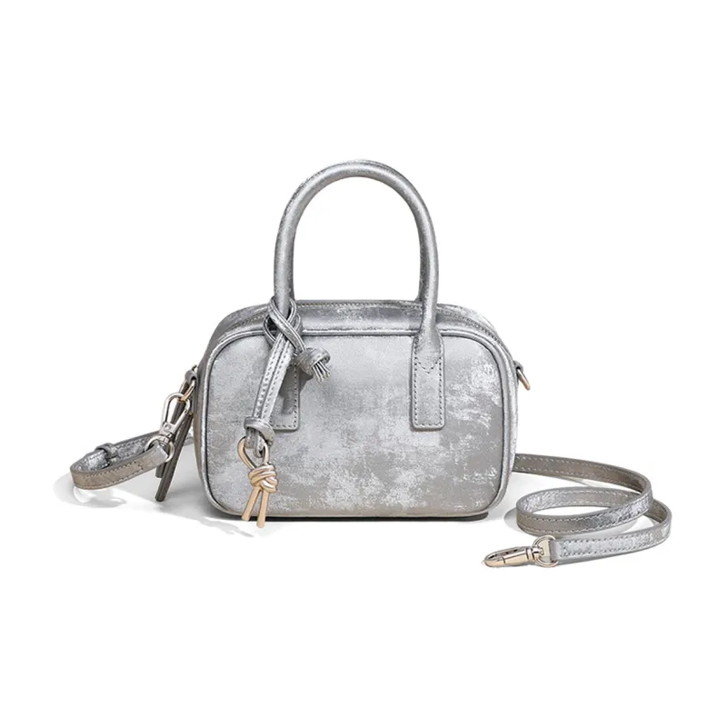 COMELY Cow Leather With Synthetic Leather Small Square Bag, One Shoulder Handbag Regular Women's Silver-2