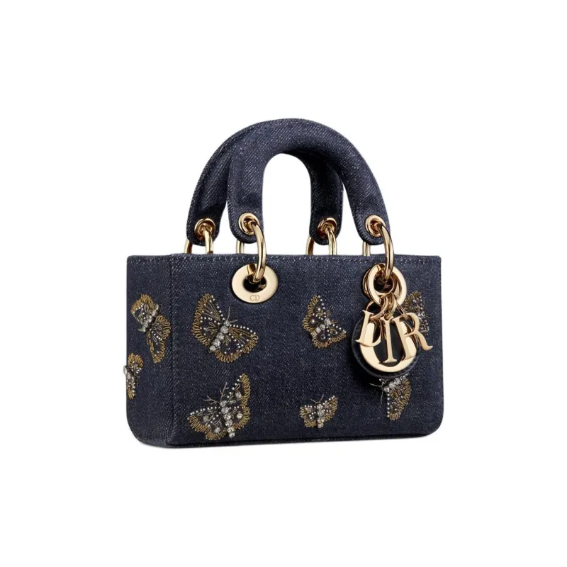 DIOR Butterfly Embroidered Denim Fabric Shoulder Bag Crossbody Bag Handbag Extra Mini Women's Blue-3