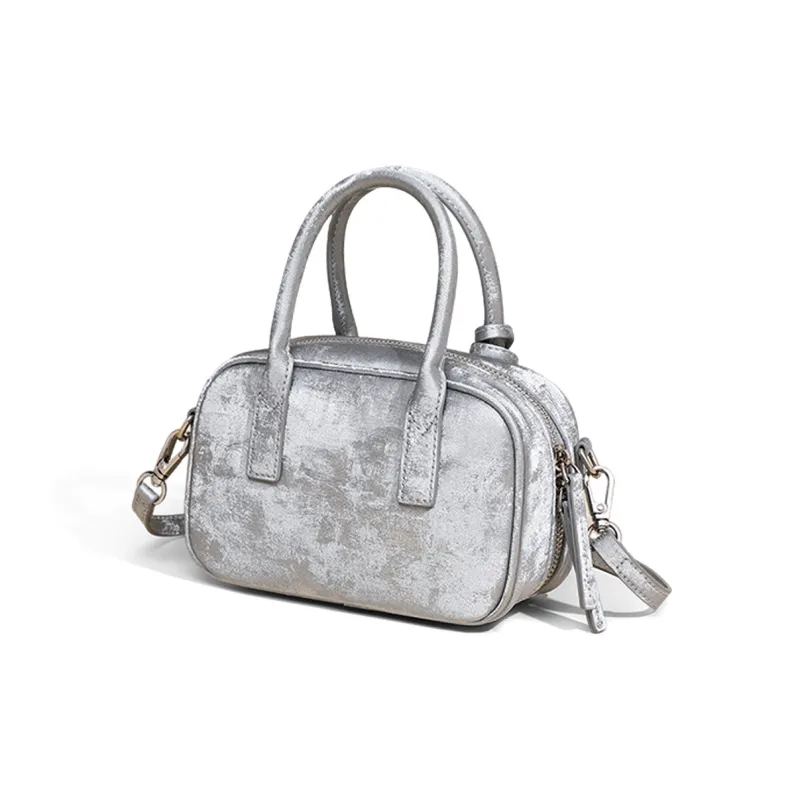 COMELY Cow Leather With Synthetic Leather Small Square Bag, One Shoulder Handbag Regular Women's Silver-1